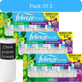 Febreze Plug Air Freshener – Gain Original & Gain Moonlight Breeze (5 Refills, 4.35 fl oz)-3pk, With Paper Towel By OMA