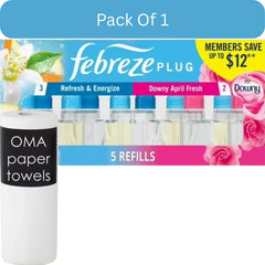 Febreze Plug Air Freshener – Refresh & Energize / Downy April Fresh (5 Refills, 4.35 fl oz)- With Paper Towel By OMA