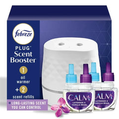 Febreze Plug Scent Booster Starter Kit, Oil Diffuser, Air Freshener Plug in, Continuous Scent Device + 2 Downy Calm Refills