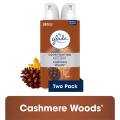 Glade Odor Fighting Soft Mist Air Freshener Room Spray, Stocking Stuffer Cashmere Woods, 16.0oz, 2 Pack