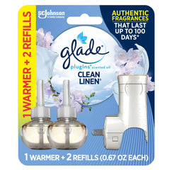 Glade PlugIns Scented Oil Warmer + 2 Refills, Air Freshener, Clean Linen™, 2 x 0.67 Oz