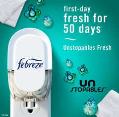 Febreze Air Freshener Plug In, Wall Diffuser, Plug in Air Fresheners for home, Unstopables Fresh Scent, Odor Fighter for Strong Odors, 1 Warmer + 2 Oil Refills-Ambientador enchufable