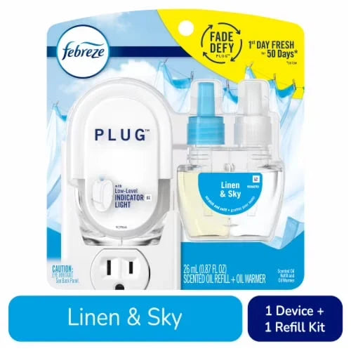2X-Febreze Fade Defy PLUG Air Freshener & Odor Eliminator Starter Kit Linen & Sky Scent Oil Refill - 0.87 fl oz