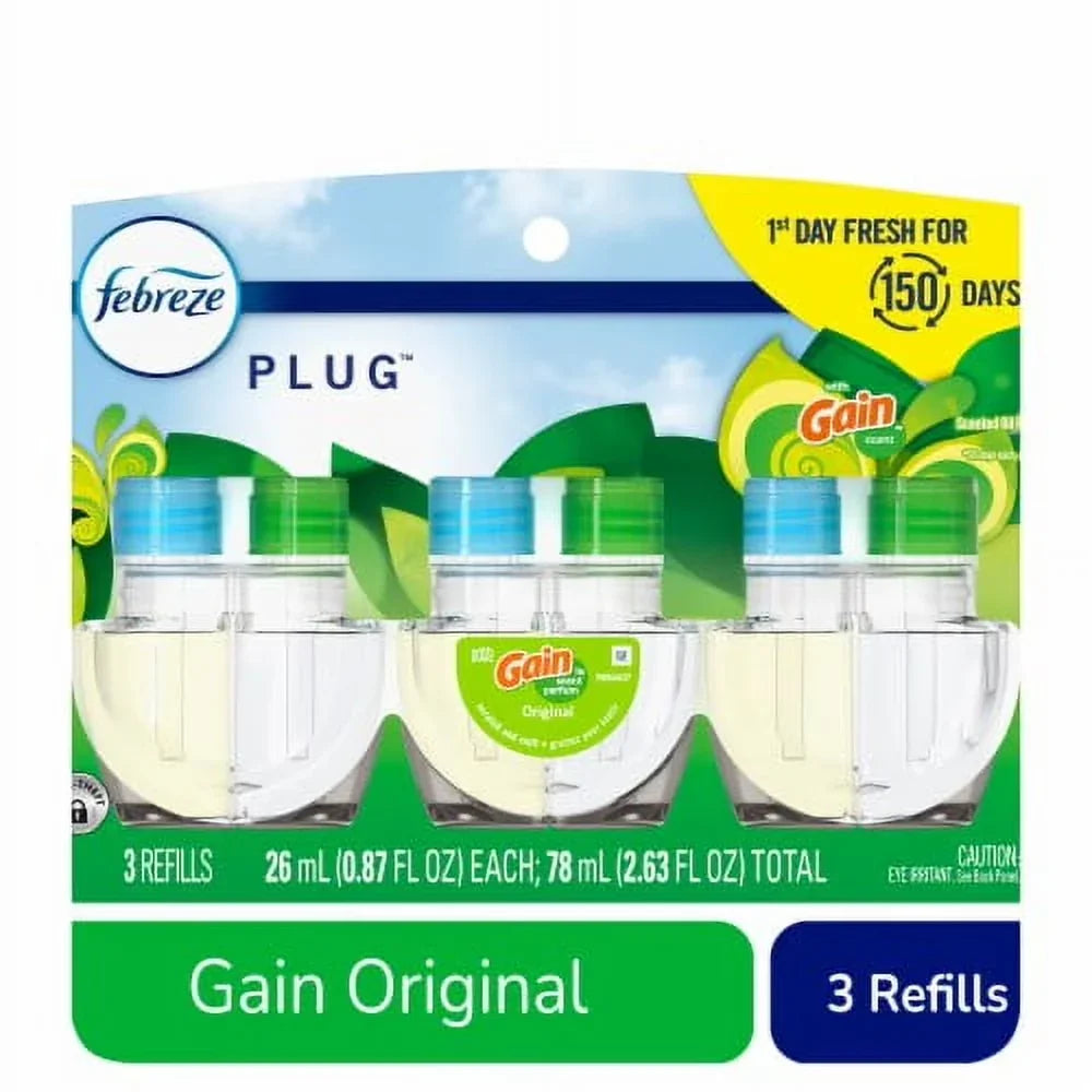 2X - Febreze Gain Original Scent Odor Fighting Fade Defy PLUG Air Freshener Oil Refills 3 pk / 0.87 fl oz