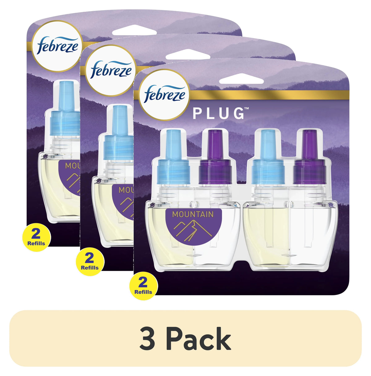 (3 pack) Febreze Plug In Air Freshener, Odor-Fighting Scented Oil Refill, Mountain, 2 Refills