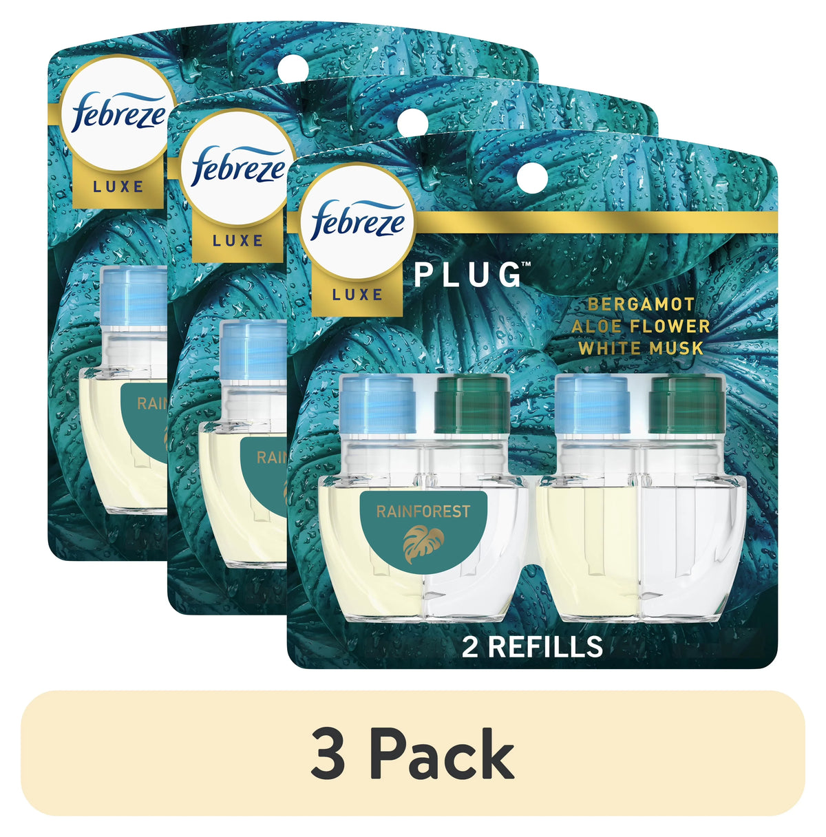 (3 pack) Febreze Plug In Air Freshener, Odor-Fighting Scented Oil Refill, Rainforest, 2 Refills