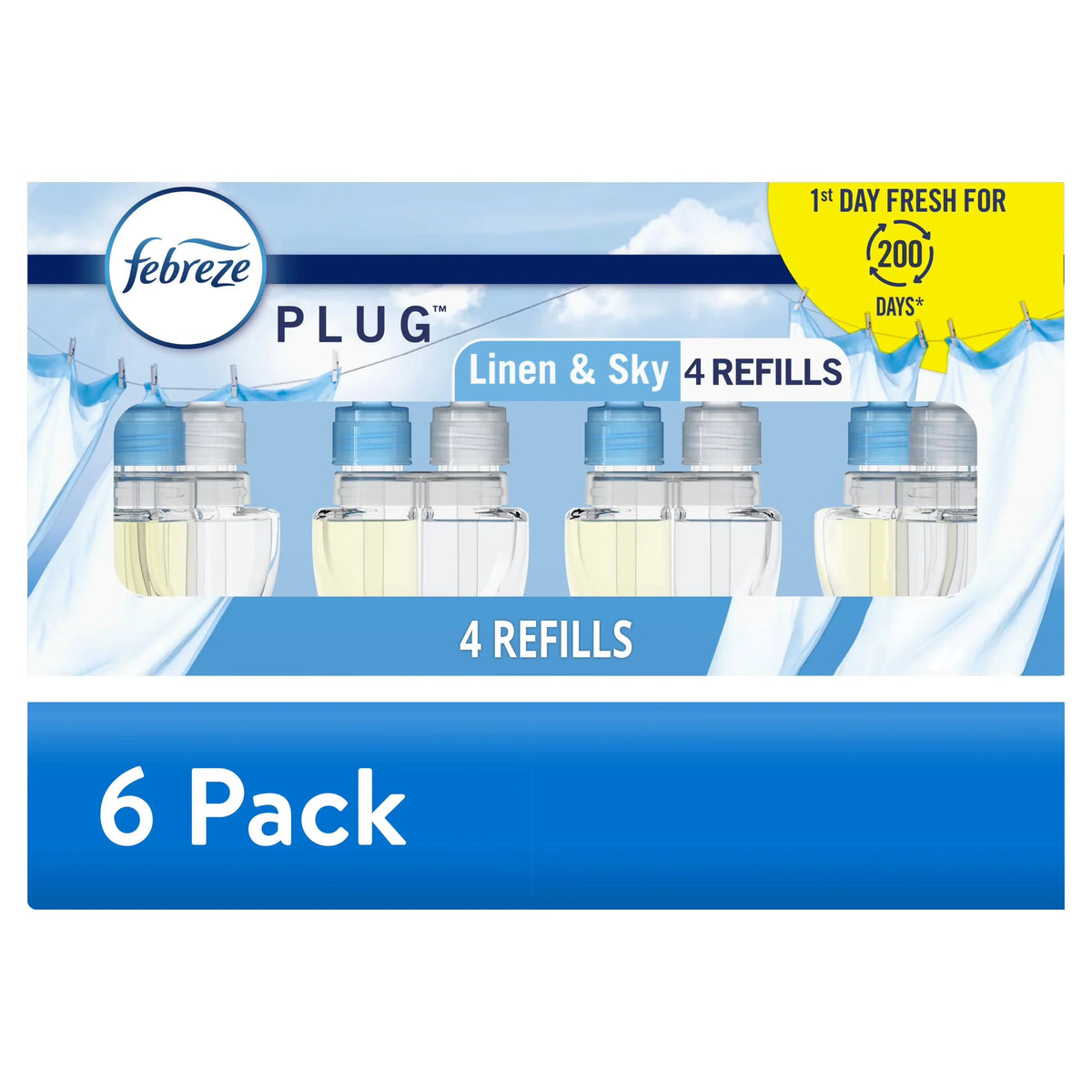 (6 pack) Febreze Plug In Air Freshener Scented Oil Refill Linen & Sky, 4 Count