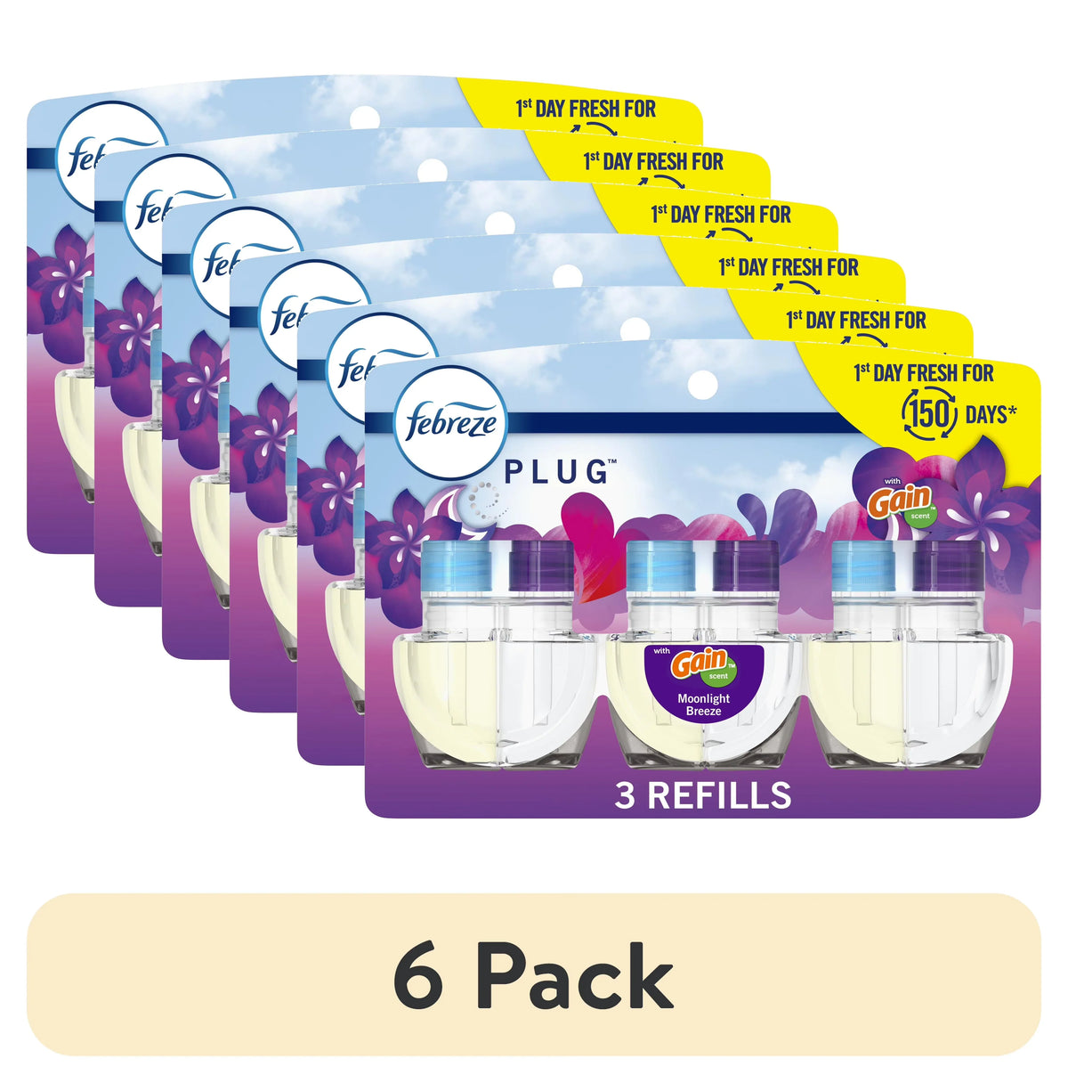 (6 pack) Febreze Plug In Air Freshener, Odor-Fighting Scented Oil Refill, Gain Moonlight Breeze, 3 Refills
