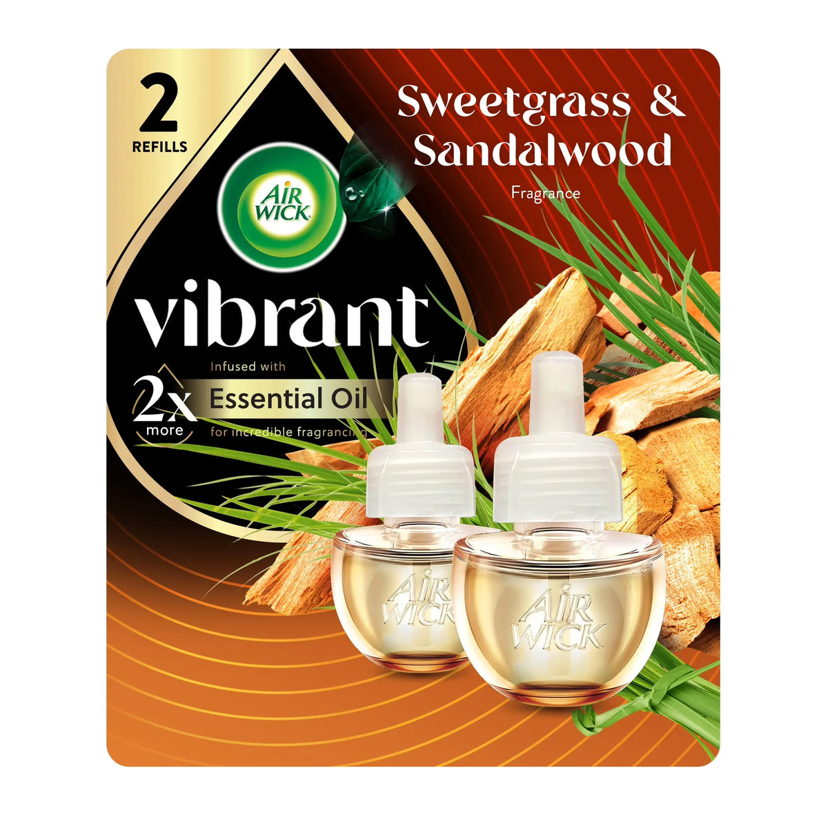 Air Wick Vibrant Plug-In Scented Oil Air Freshener Warmer Refills, Sweetgrass and Sandalwood, 2 Count