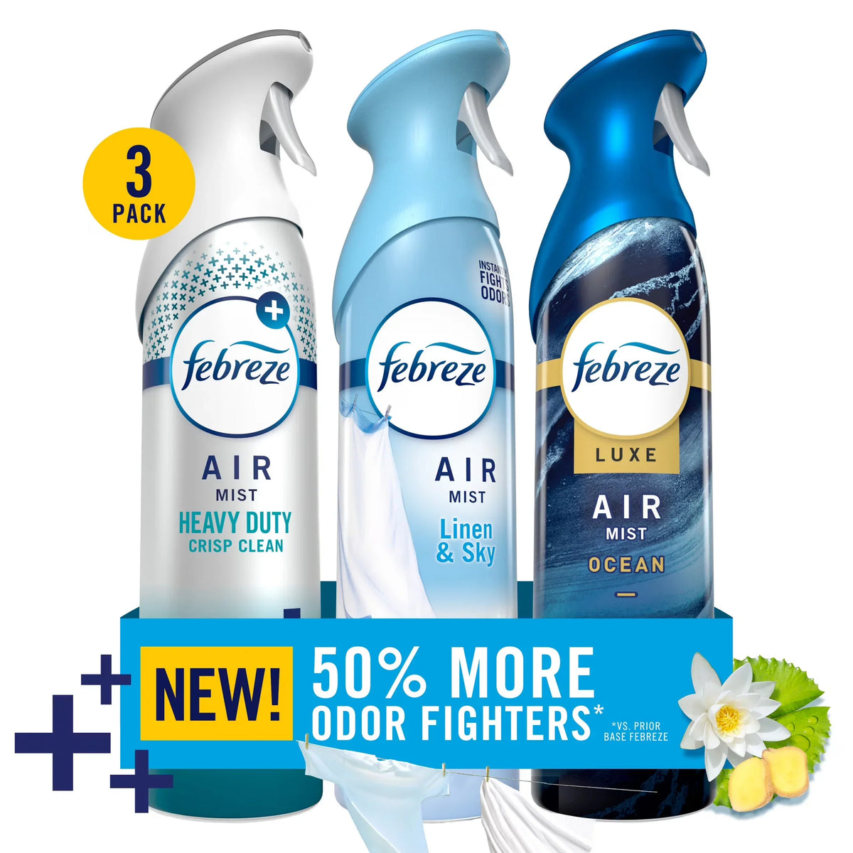 Febreze Air Mist Spray, Heavy Duty, Ocean, Linen & Sky, 8.1oz, 3 Count