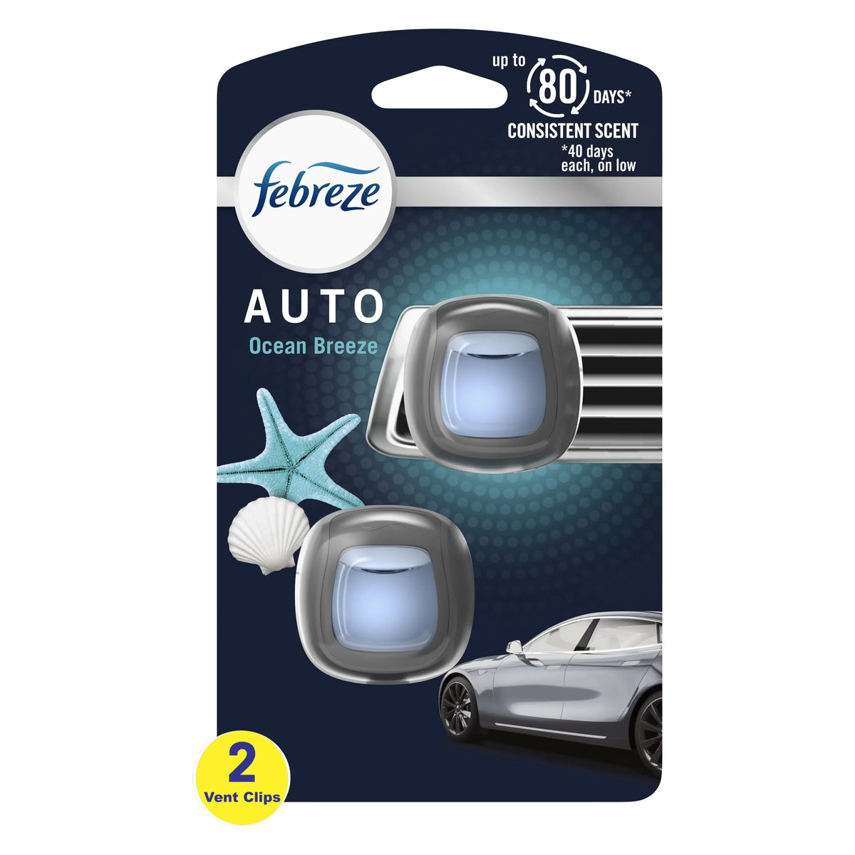 Febreze AUTO Air Freshener Vent Clip Ocean Breeze Scent, .06 oz Car Vent Clip, Pack of 2