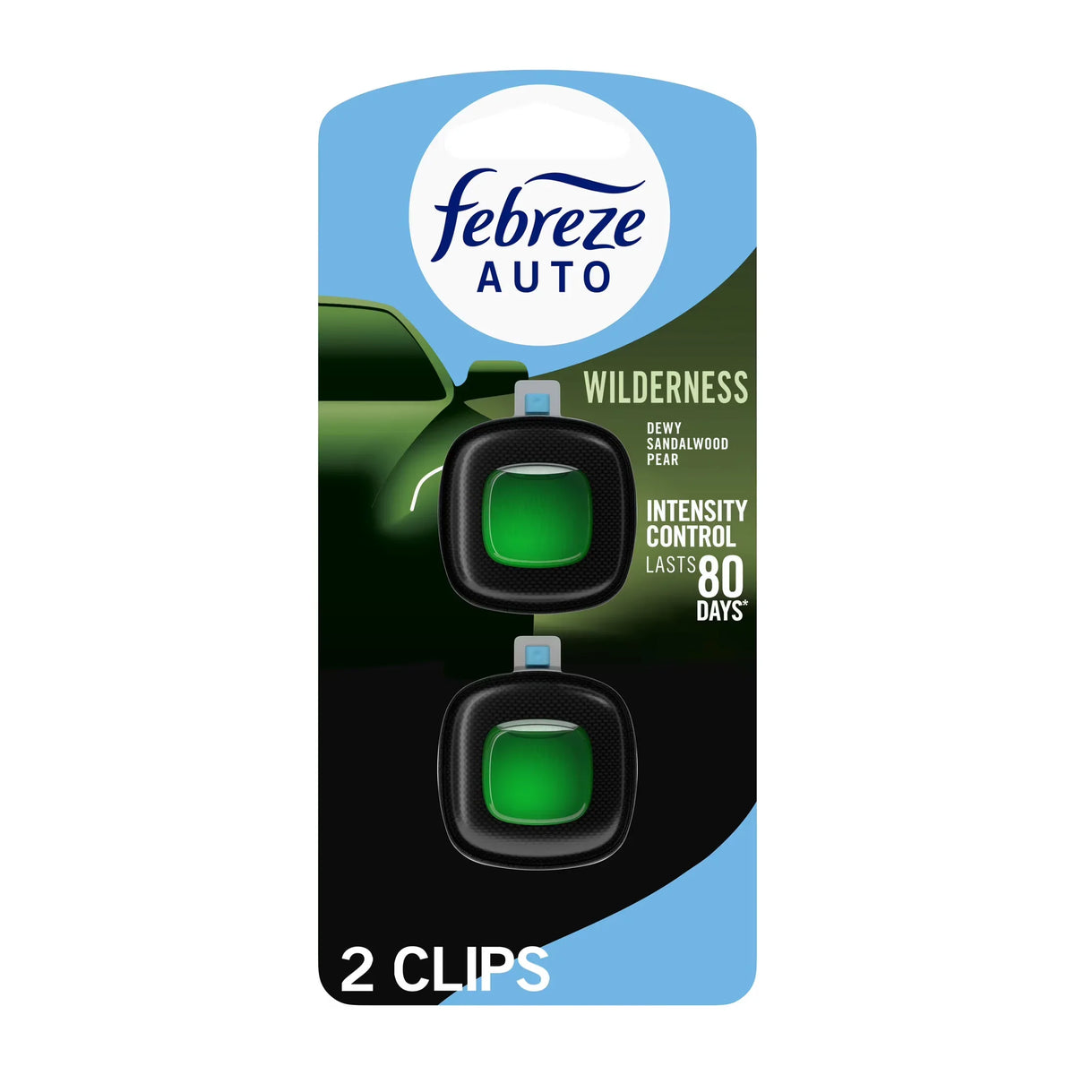 Febreze AUTO Car Air Freshener, Odor-Fighting Car Vent Clip, Wilderness, 2 Count