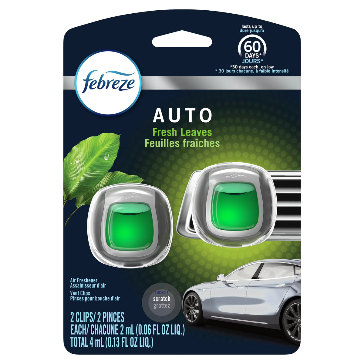 Febreze AUTO Odor-Eliminating Car Freshener Vent Clip Fresh Leaves, .06 Oz. Car Vent Clip, Pack of 2