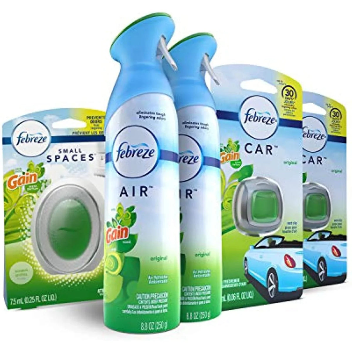 Febreze Air Freshener Bundle, Gain Original (2 Air Effects, 2 Car Vent Clips, 1 Small Spaces Air Freshener Kit)