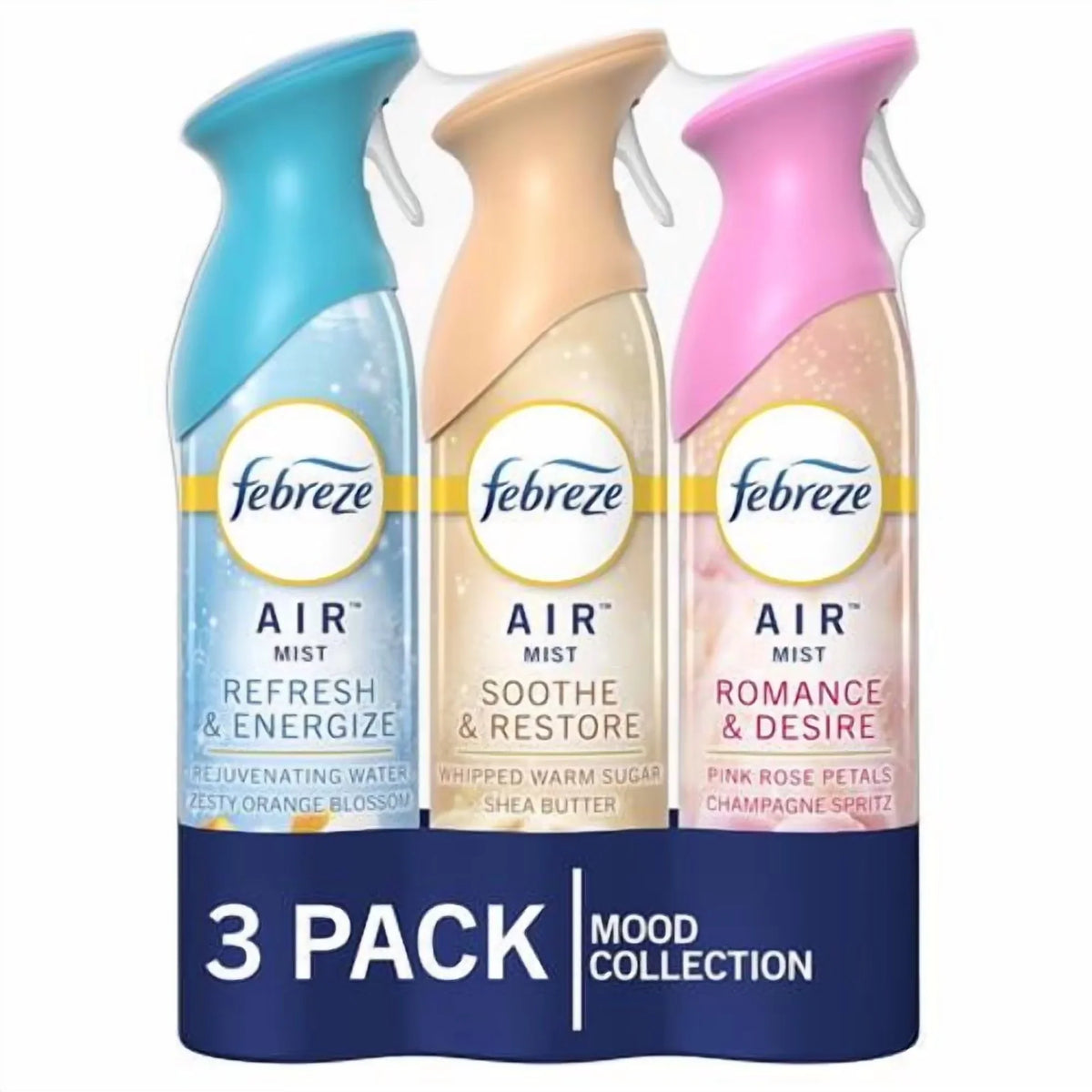 Febreze Air Mist Air Freshener Spray, Odor-Fighting Room Spray For Home And Bathroom And Kitchen, Aerosol Can, Refresh & Energize, Soothe & Restore, Romance & Desire Scent, 8.8Oz, 3 Count - Pack of 2