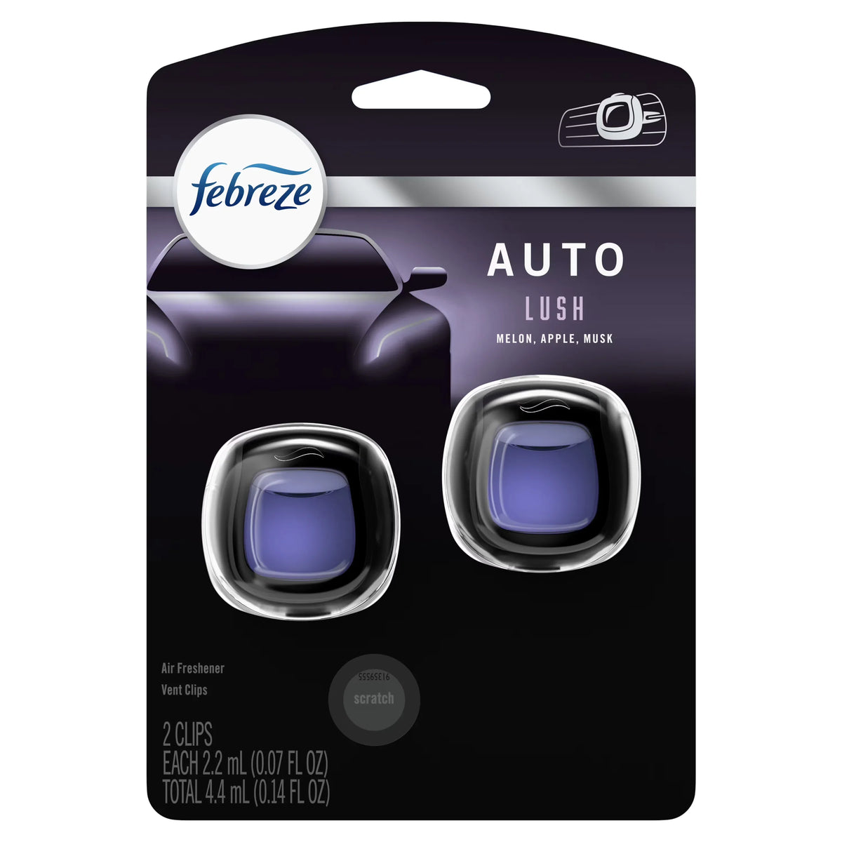 Febreze Auto Odor-Eliminating Car Freshener Vent Clip Lush, .07 oz, 2 Pack