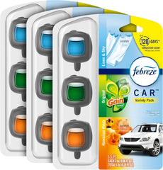 Febreze Car Air Freshener Odor-Fighting Car Vent Clip, Variety, Linen and Sky, Original, Hawaiian Aloha Scent Automatic Air Freshener, 3-Count Pack of 3