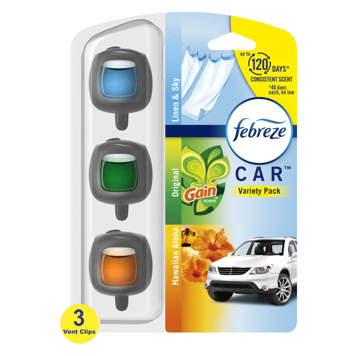 Febreze Car Air Freshener, Odor-Fighting Car Vent Clip, Variety Pack, 3 Count