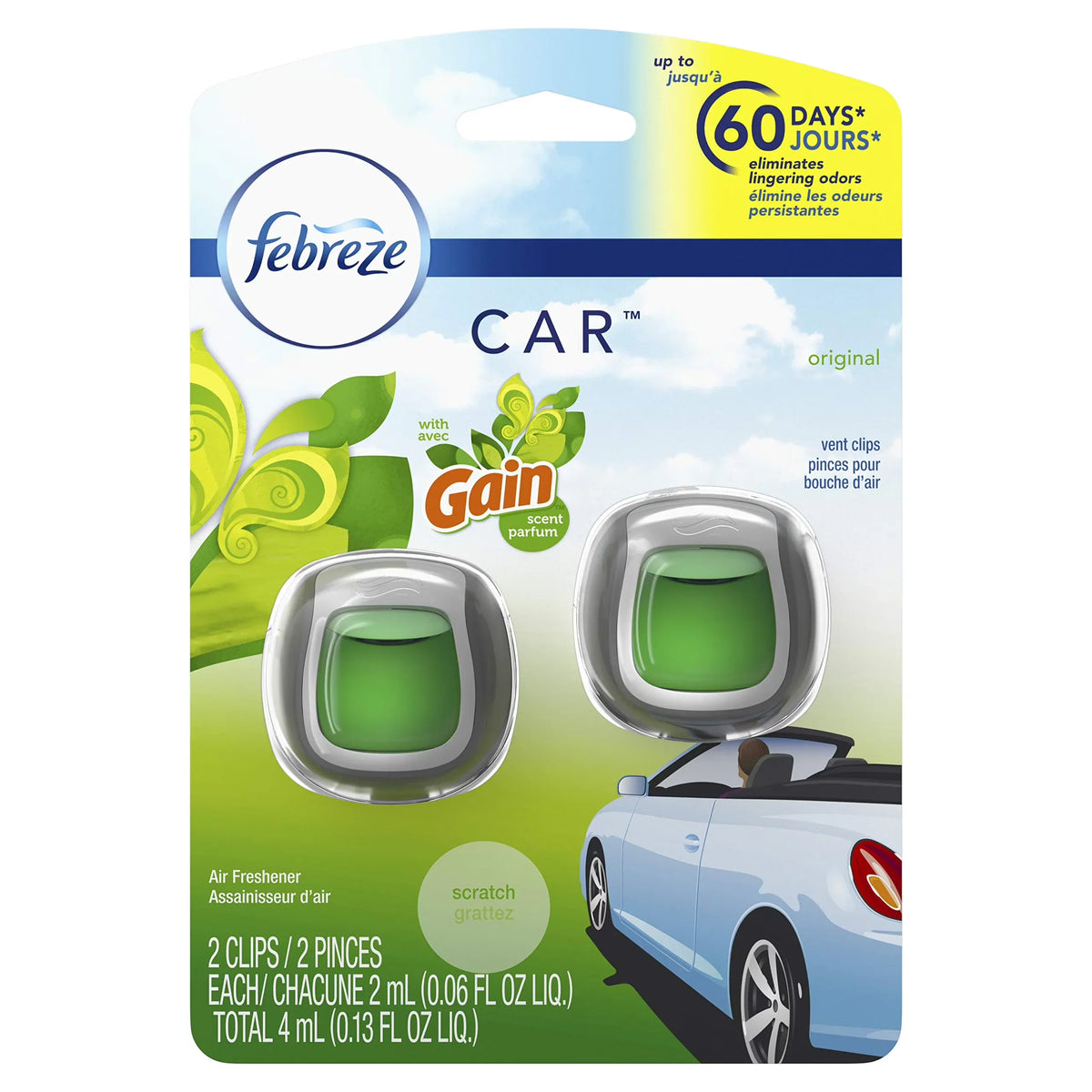 Febreze Car Air Fresheners, Gain Original Scent, Odor Fighter For Strong Odors Car Vent Clips (2 Count) Packaging May Vary