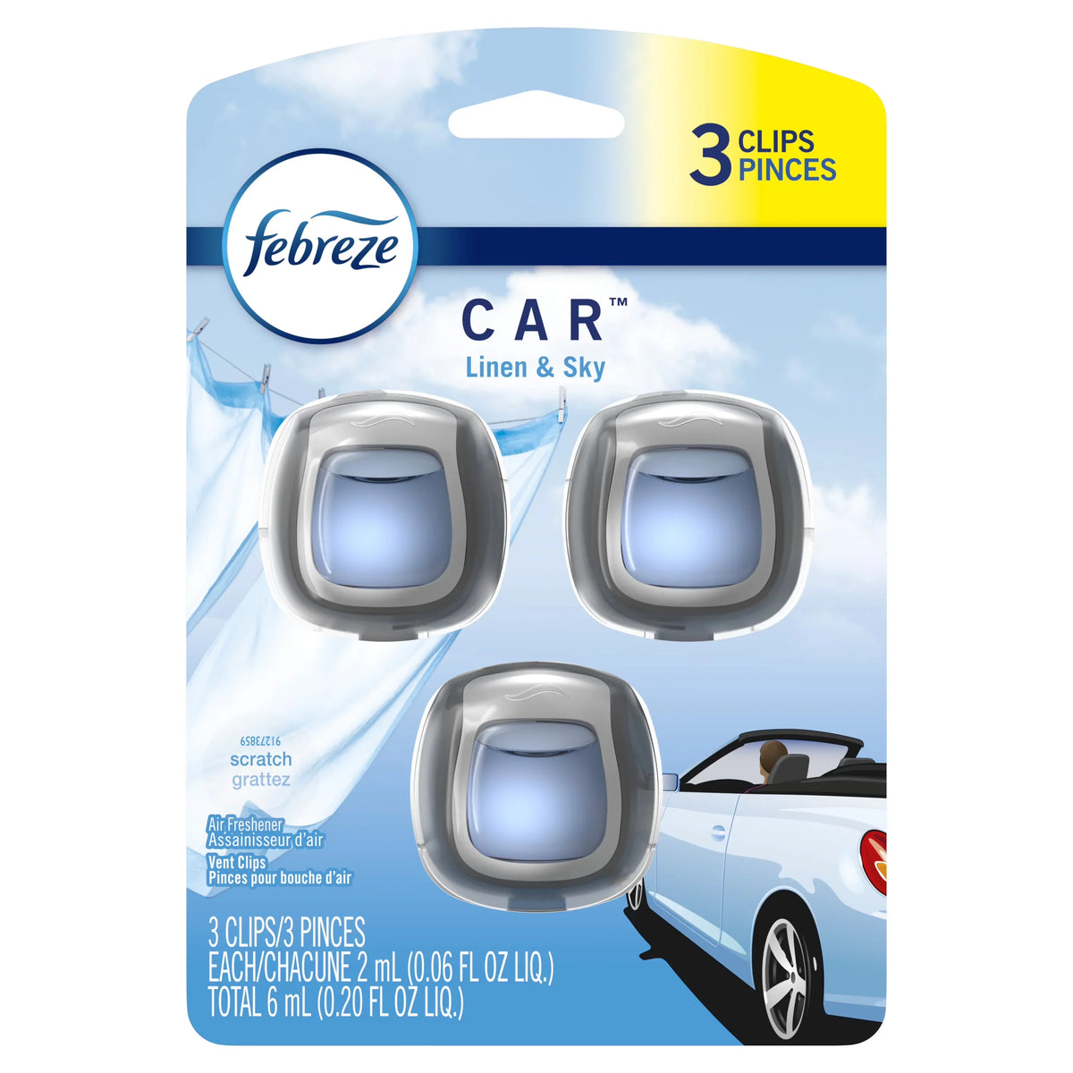 Febreze Car Odor Eliminating Air Freshener, Linen and Sky, 3 Count