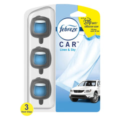Febreze Car Odor-Fighting Car Freshener Vent Clip Linen & Sky, 0.06 fl oz, 4 Pack of 3