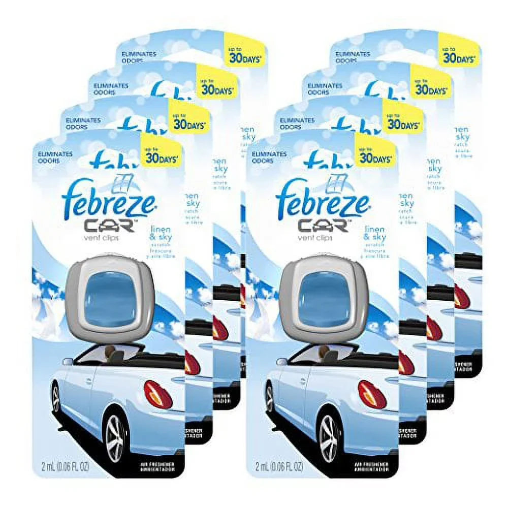 Febreze Car Vent Clips Air Freshener and Odor Eliminator, Linen and Sky Scent - 8 Pieces