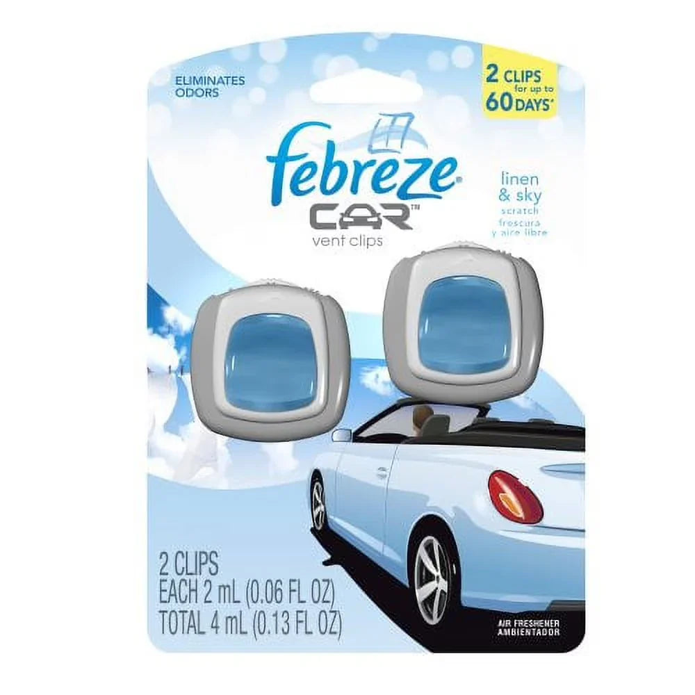 Febreze Car Vent Clips Linen & Sky Air Freshener (2 Count; 2 Ml Each), 0.13 Ounce (Pack of 8)