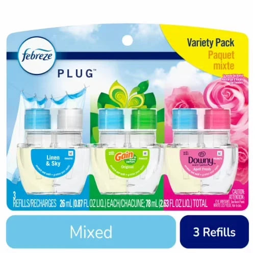 Febreze Odor-Fighting Fade Defy PLUG Air Freshener, Downy April Fresh, Gain Original, Linen & Sky