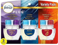 Febreze Odor-Fighting Fade Defy PLUG Air Freshener, Mountain, Ocean, Amber, (3) .87 fl. oz. Oil Refills- Pack of 3