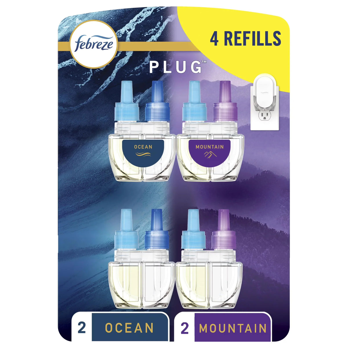 Febreze Odor-Fighting Fade Defy Plug Air Freshener, Mountain, Ocean, 87 Fl. Oz. Oil Refills, 4 Refills (2 Of Each)