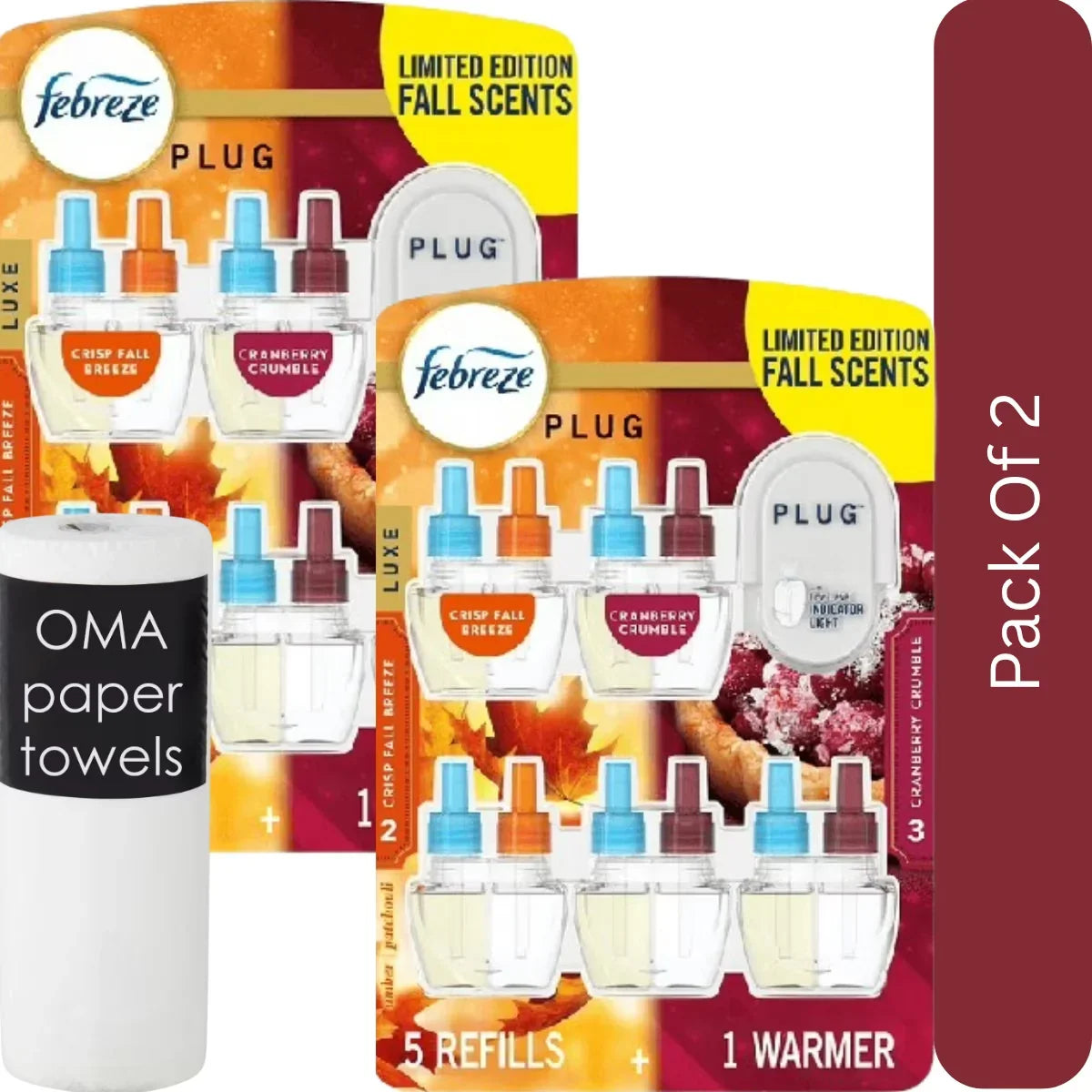 Febreze PLUG Air Freshener – Cranberry Crumble & Crisp Fall Breeze (1 Warmer + 5 Refills, 4.35 fl oz)-2pk, With Paper Towel By OMA