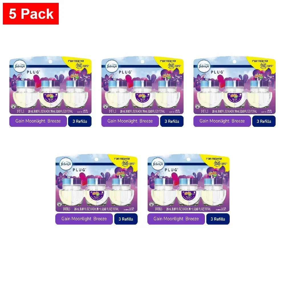 Febreze PLUG Air Freshener Gain Moonlight Breeze, 3 Pack 0.87 fl oz Oil Refill 3 ct - 5 Pack