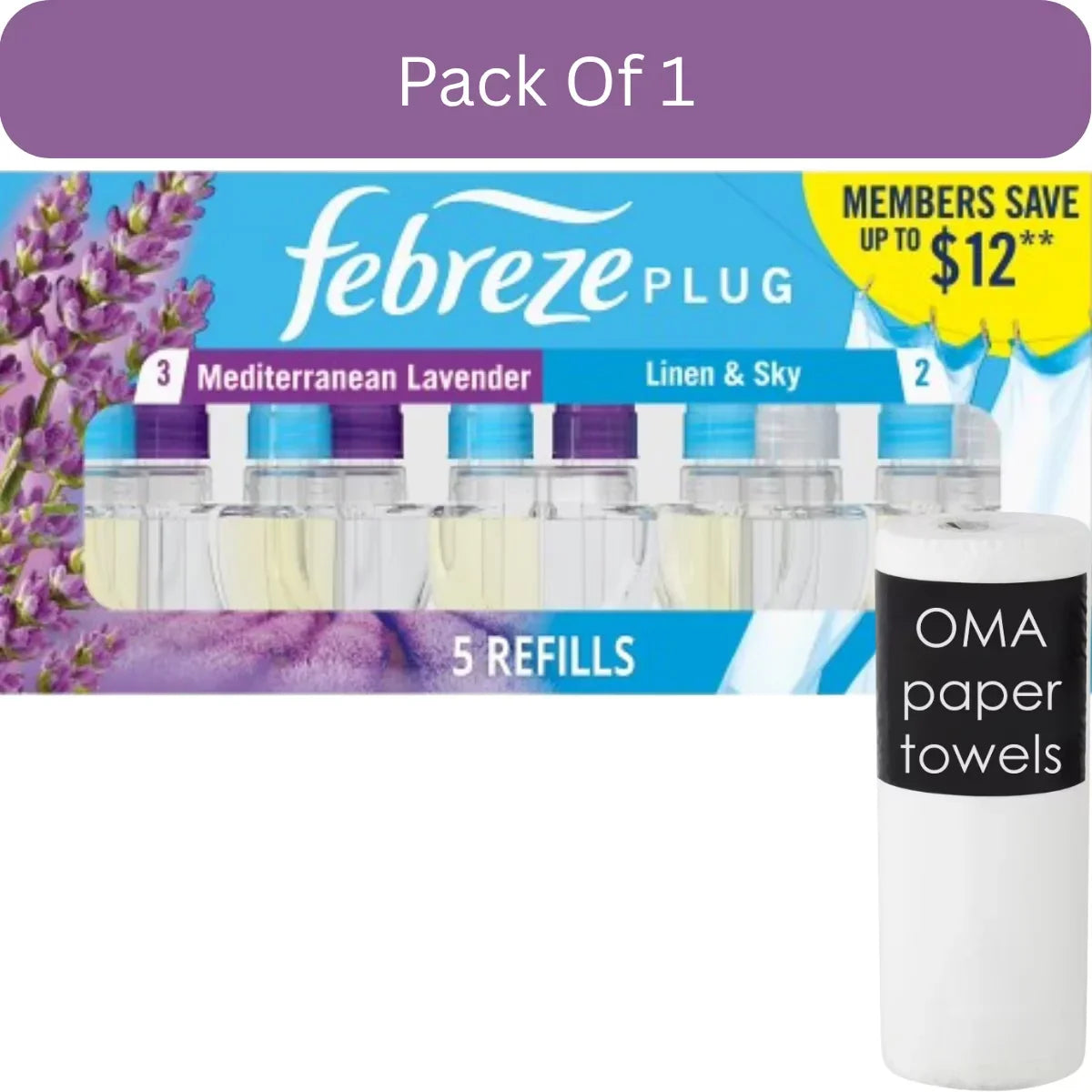 Febreze Plug Air Freshener Refills – Mediterranean Lavender + Linen & Sky (5-pack, 4.35 fl oz)- With Paper Towel By OMA