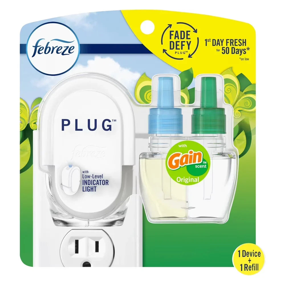 Febreze Plug In Air Freshener Scented Oil Kit Gain, Warmer + 1 Refill