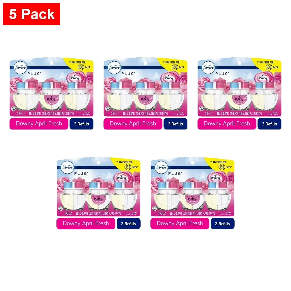 Febreze Plug In Air Freshener Odor-Fighting Scented Oil Refill Downy April Fresh Scent Refills 3 ct - 5 Pack