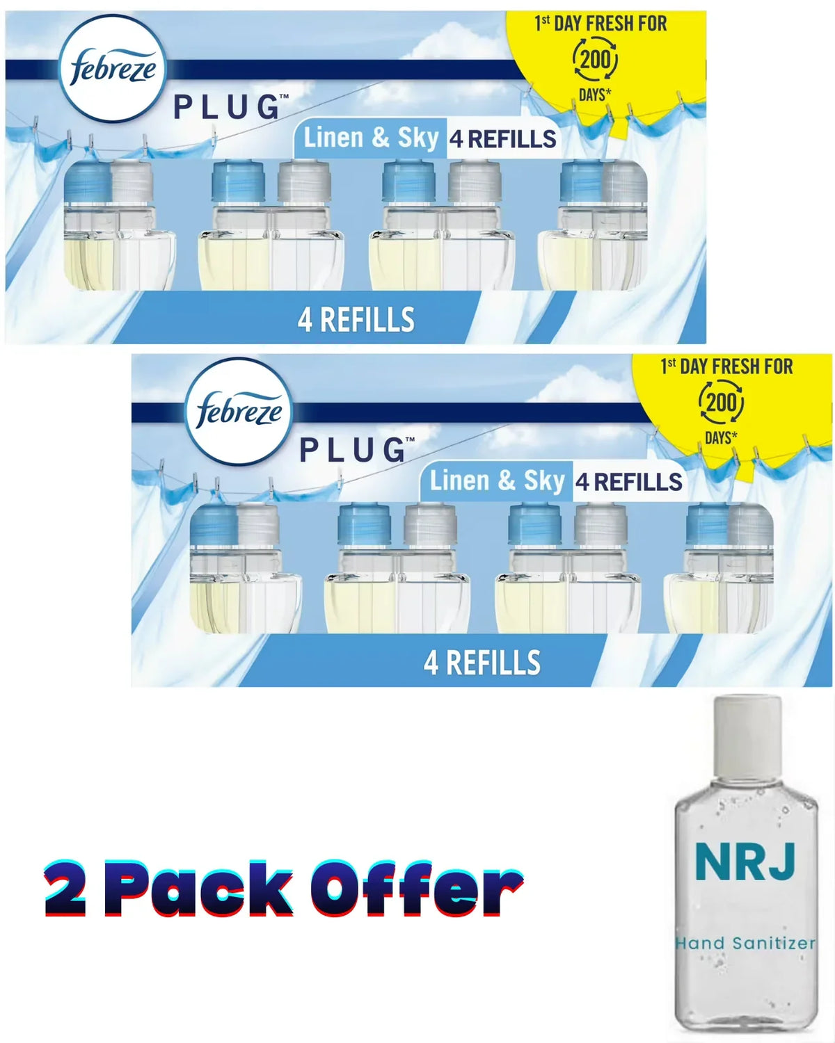 Febreze Plug In Air Freshener, Odor-Fighting Scented Oil Refill, Linen & Sky, 4 Refills