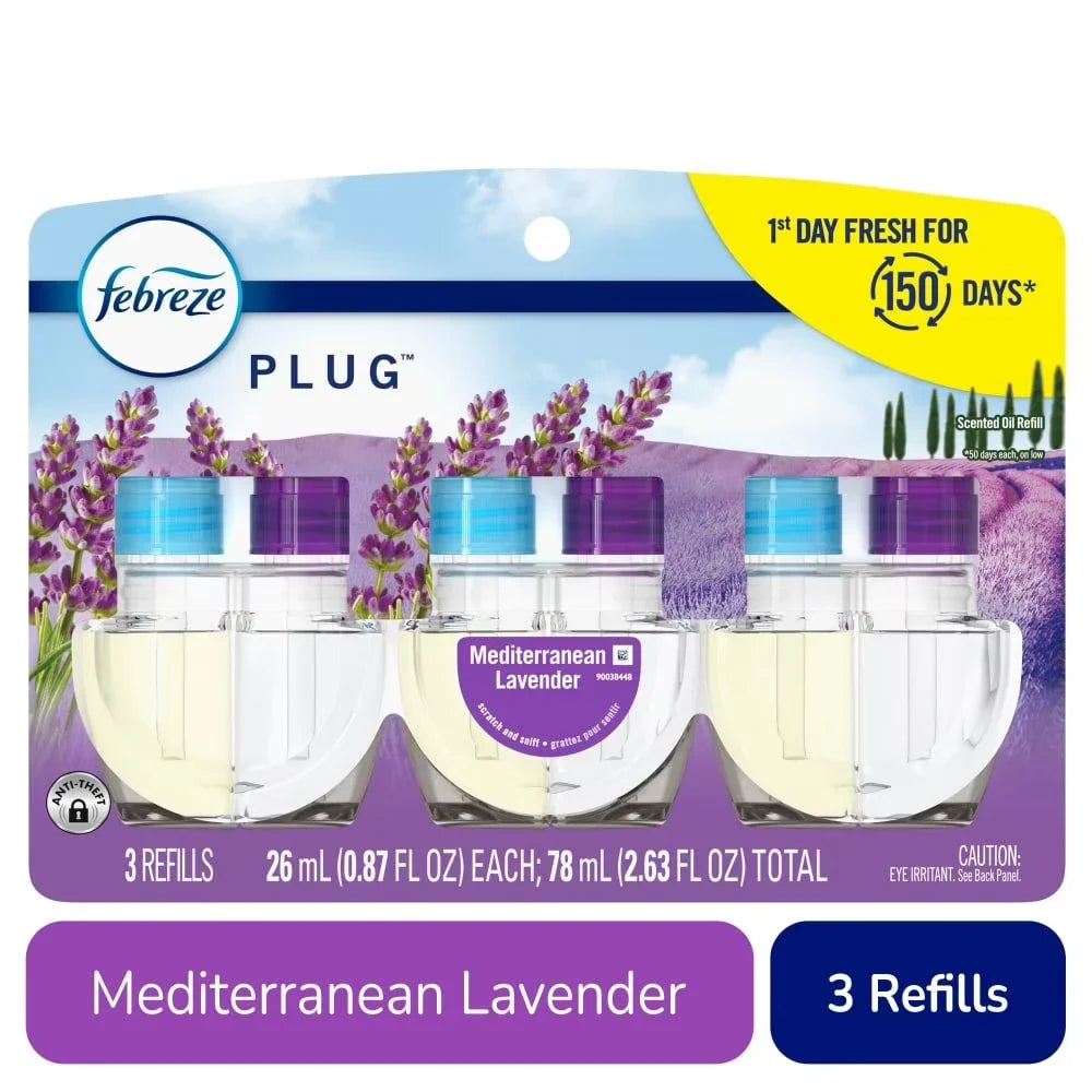 Febreze Plug In Air Freshener Odor-Fighting Scented Oil Refill Mediterranean Lavender Refills 3 ct - Pack of 2