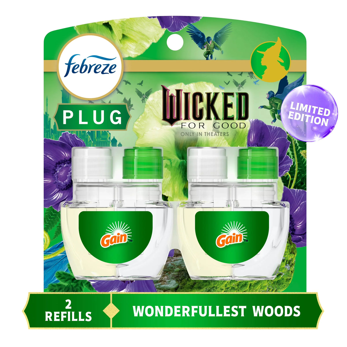 Febreze Plug In Air Freshener, "Wicked: For Good" Limited Edition, Odor-Fighting Scented Oil Refill, Wonderfullest Woods, 2 Count