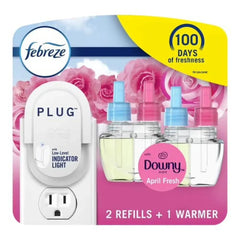 Febreze Plug In Air Fresheners, Downy April Fresh Scent, Odor Eliminator for Strong Odors, 1 Warmer + 2 Oil Refills