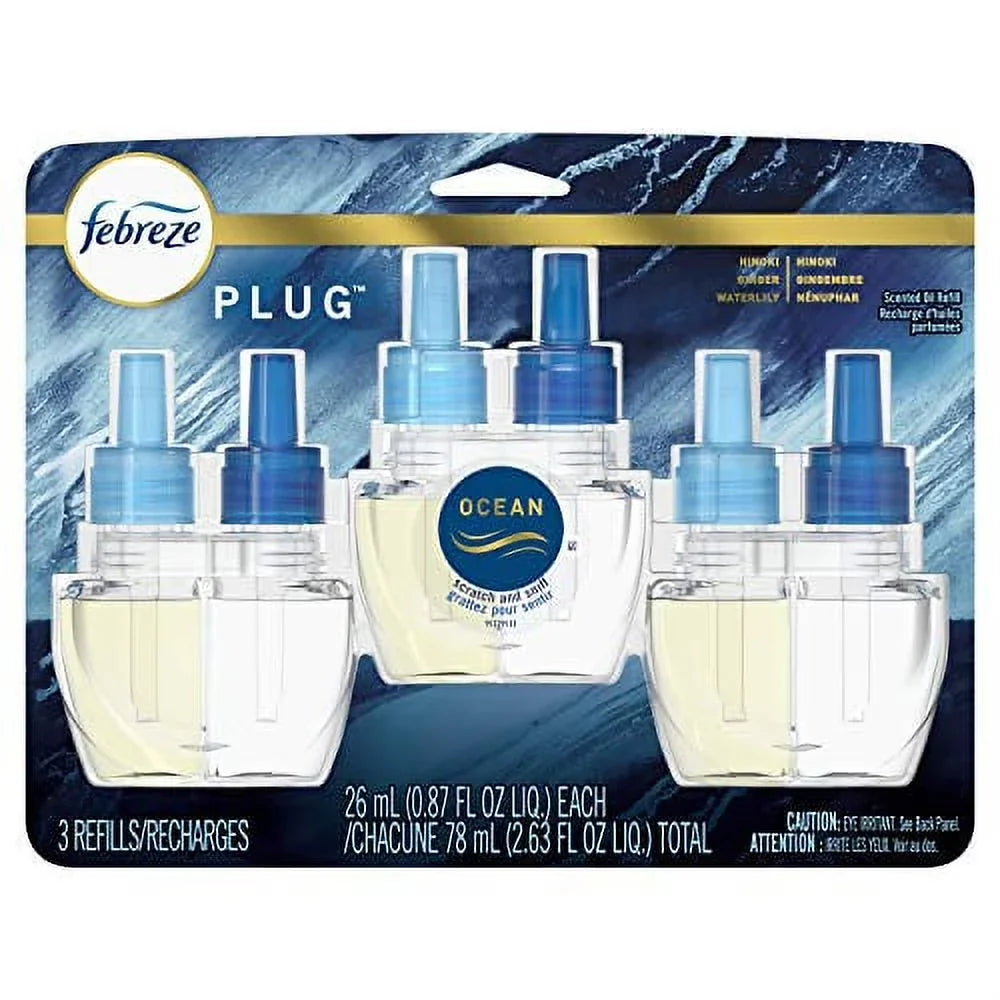 Febreze Plug in Air Fresheners, Ocean, Odor Eliminator for Strong Odors, Scented Oil Refill (3 Count)