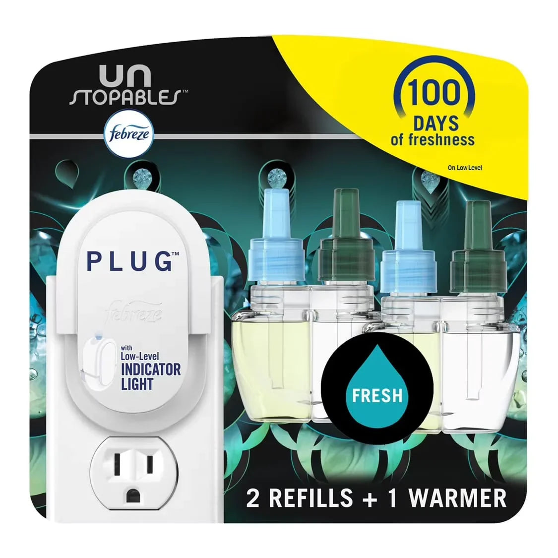 Febreze Plug In Air Fresheners, Unstopables Fresh Scent, Odor Fighter For Strong Odors, 1 Warmer + 2 Oil Refills