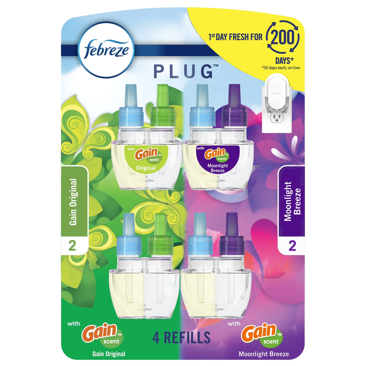 Febreze Plug In Air Freshener, Odor-Fighting Scented Oil Refill, Gain Mixed Variety Pack, 4 Count