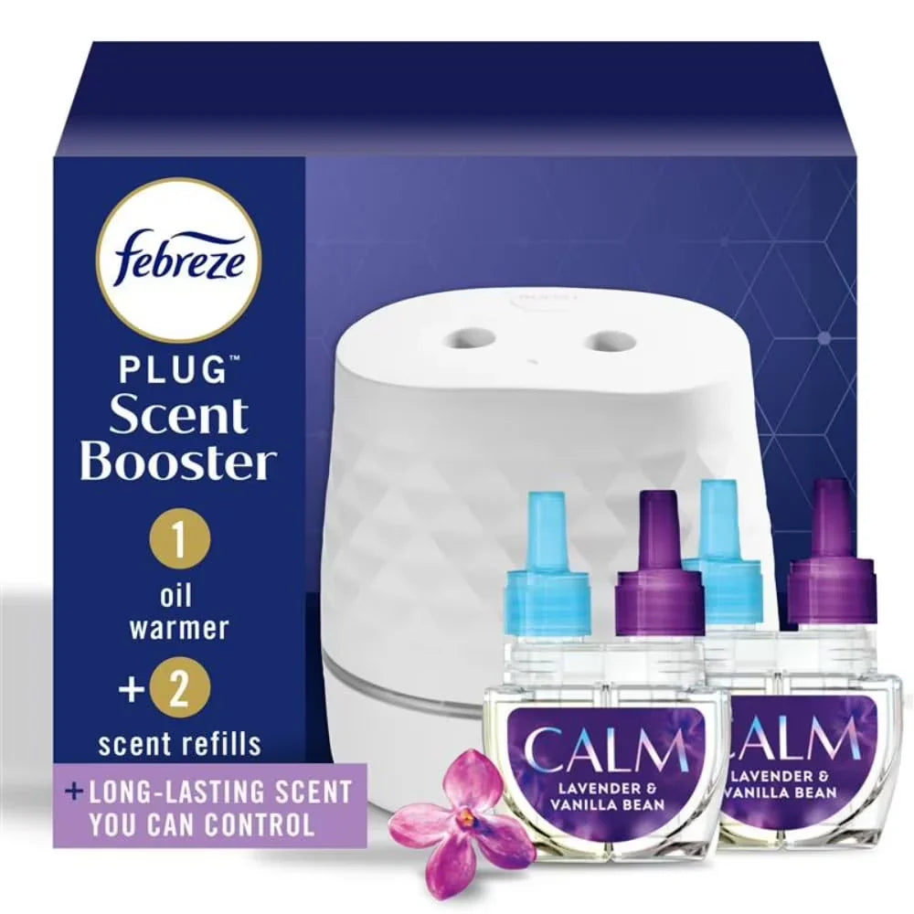 Febreze Plug Scent Booster Starter Kit, Oil Diffuser, Air Freshener Plug in, Continuous Scent Device + 2 Downy Calm Refills