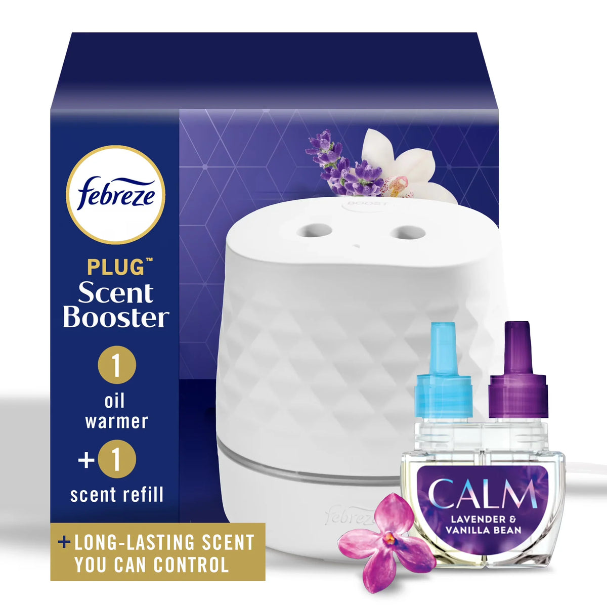 Febreze Plug Scent Booster, Air Freshener, Scented Oil Diffuser, Downy Calm, Starter Kit + 1 Refill