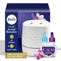Febreze Plug Scent Booster, Air Freshener, Scented Oil Diffuser, Downy Calm, Starter Kit + 1 Refill