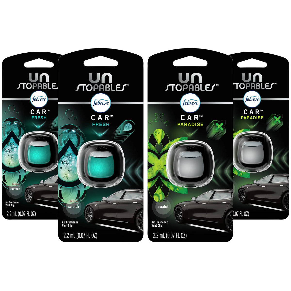 Febreze Unstopables Car Odor-Fighting Car Freshener Vent Clip, Fresh & Paradise Scent, .07 oz. Car Vent Clip, 4 Count