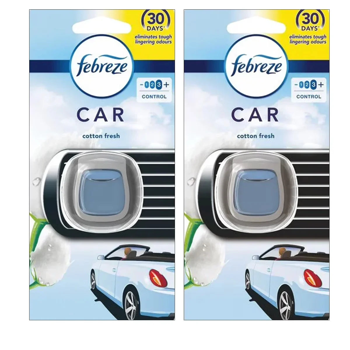 Febreze Vent Clip Car Air Freshener, Up to 30 Days, Eliminates tough lingering odours, Cotton Fresh Scent, 2 Pack
