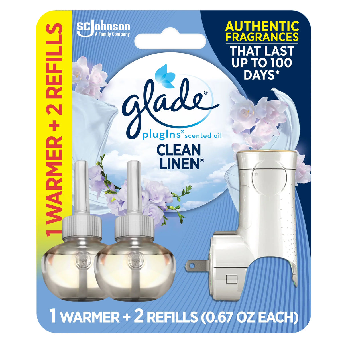 Glade PlugIns Scented Oil Warmer + 2 Refills, Air Freshener, Clean Linen™, 2 x 0.67 Oz