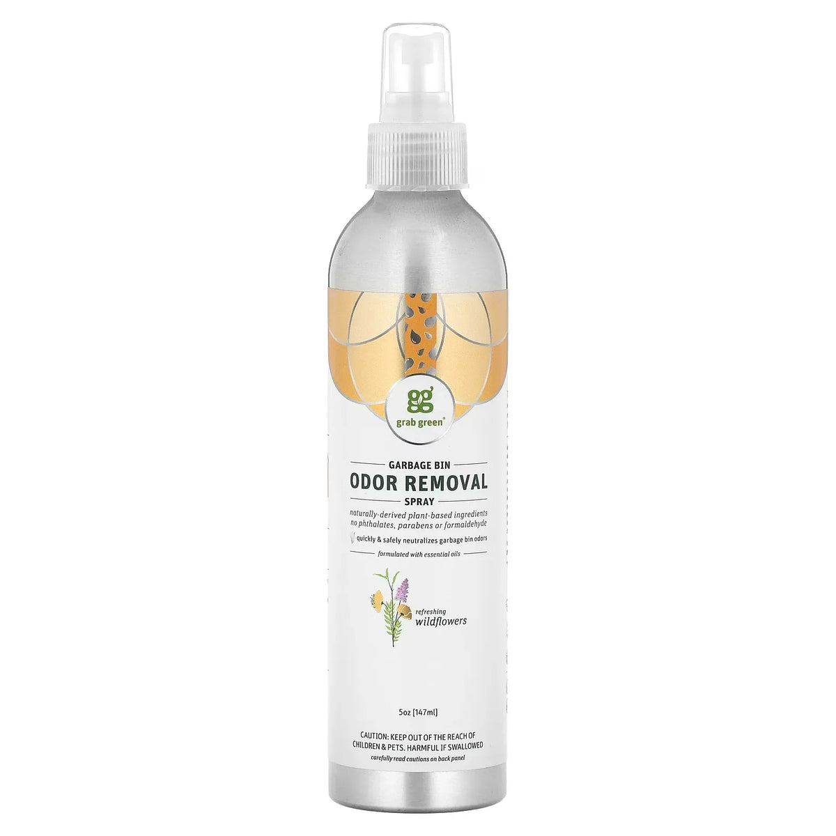 Grab Green Garbage Bin Odor Removal Spray, Refreshing Wildflowers, 5 oz (147 ml)