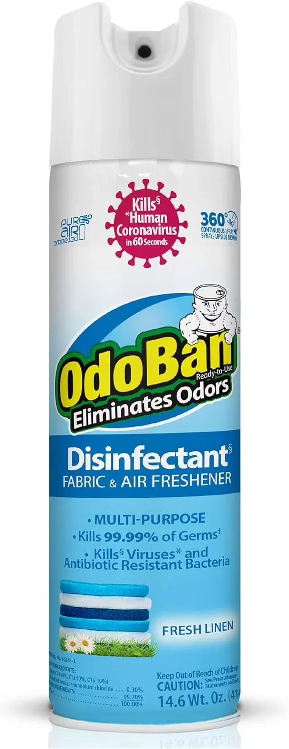 OdoBan Ready-to-Use 360-Degree Continuous Spray Disinfectant and Harsh Aroma Eliminator, Fabric and Air Freshener, 14.6 Ounces, Fresh Linen Scent
